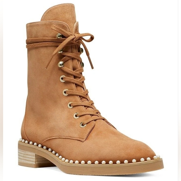 Stuart Weitzman Allie Suede Feminine Casual Leather Pearls Camel Boots Size 8. - Picture 2 of 10
